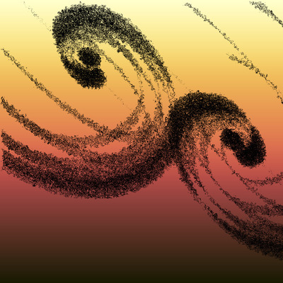Artwork showing two reflected spirals, each rendered as a sheaf of similar spirals consisting of many small black dots, shown over a sunset gradient.
