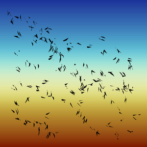 The glyph shapes are smaller and scattered in curving lines over a sunset sky gradient, giving the effect of birds in the sky.