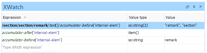 XWatch pane of debugger showing values of XPath expressions that call
                        accumulator functions