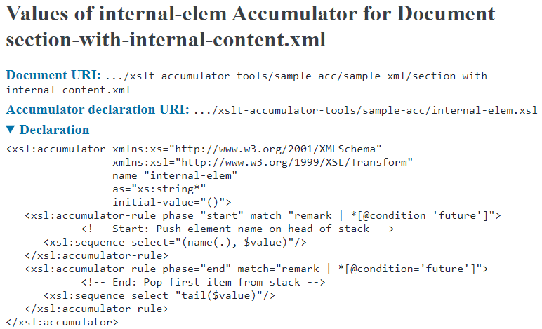 Title, document URI, XSLT URI, and accumulator declaration