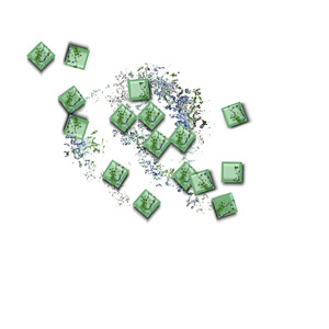 The slots containing the glyphs are given a green beveled shading to produce a 3-D effect. The slots are randomly scattered. The glyph shapes are rendered with an effect that turns them into splotch patterns. The same effect is applied to a background spiral.
