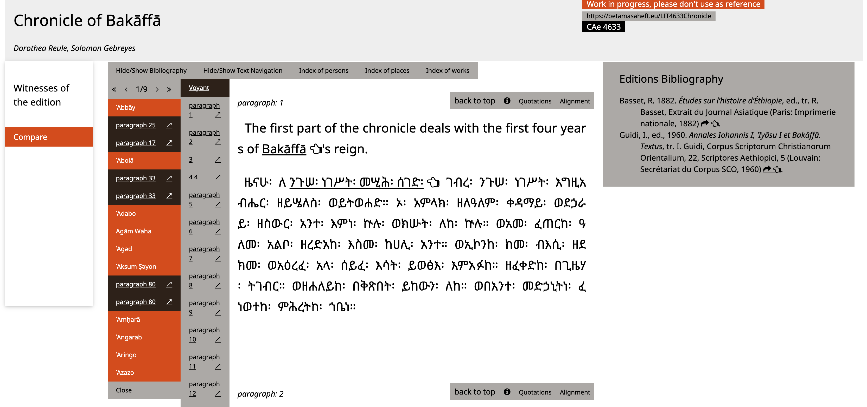 The index of places beside the navigation of the text structure in the Chronicle of
              Bakāffā.