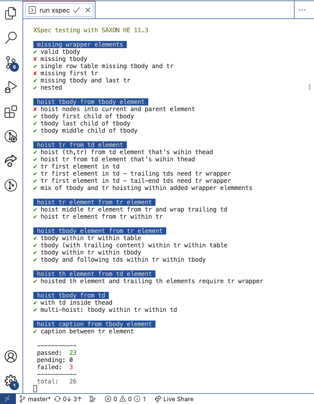 Screenshot of XSpec tests and the XSpec results alongside