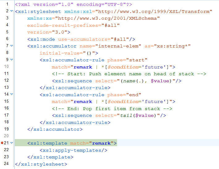 XSLT stylesheet with breakpoint at template rule for remark element