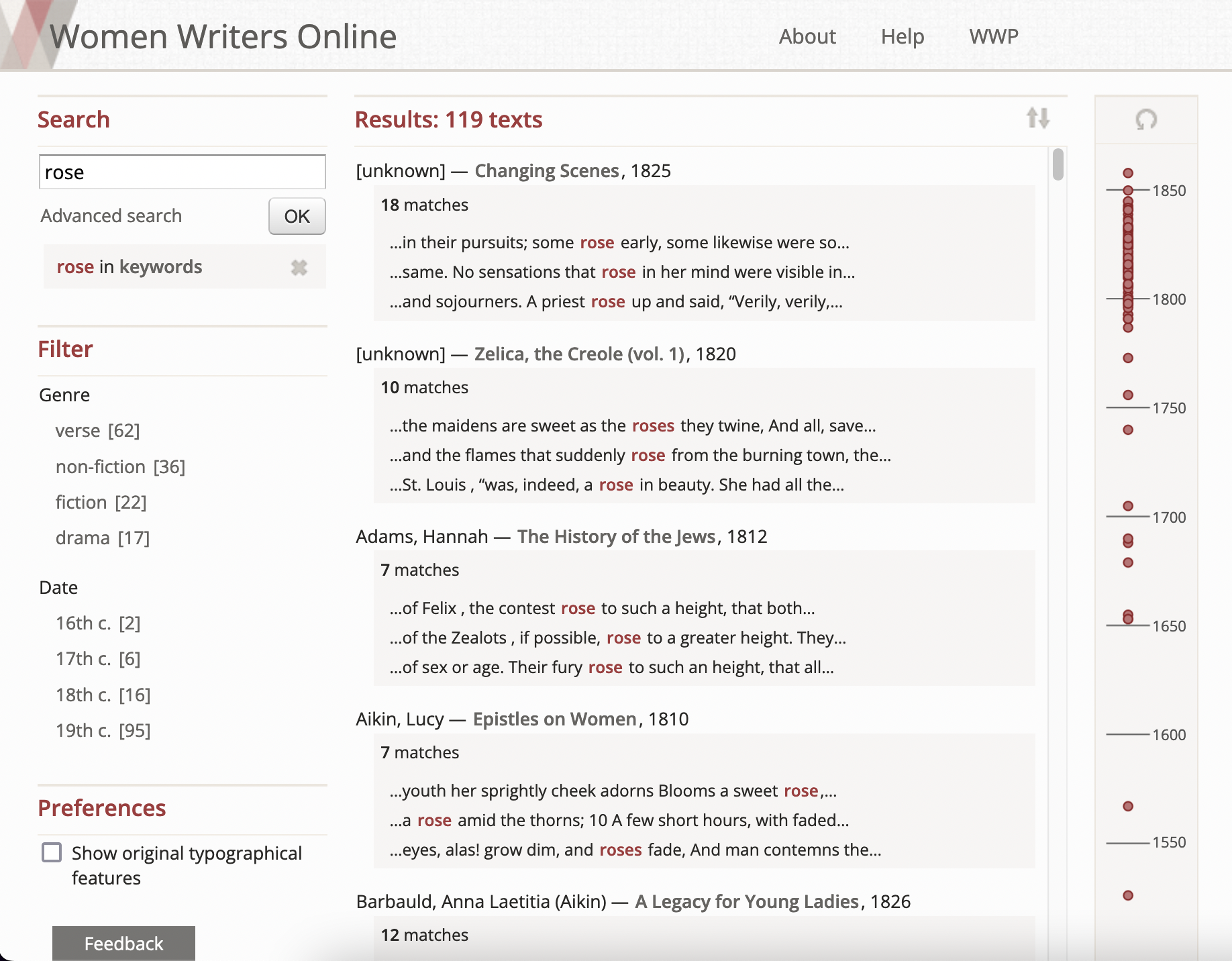 Screenshot of the XTF interface, showing search results for the word 'rose'. The timeline shows few hits before 1775.