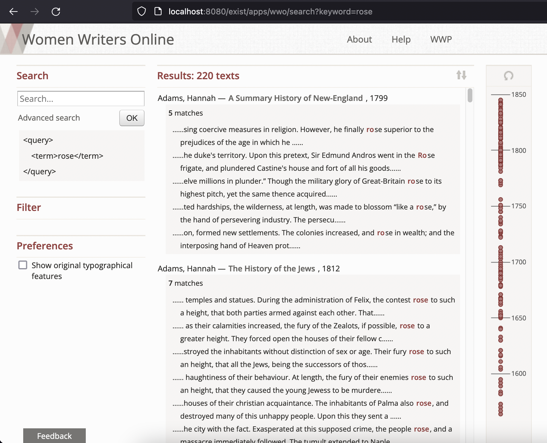 Screenshot of the eXist interface, which is similar but has XML placeholders for the query, and more keywords in context. There are more search results.